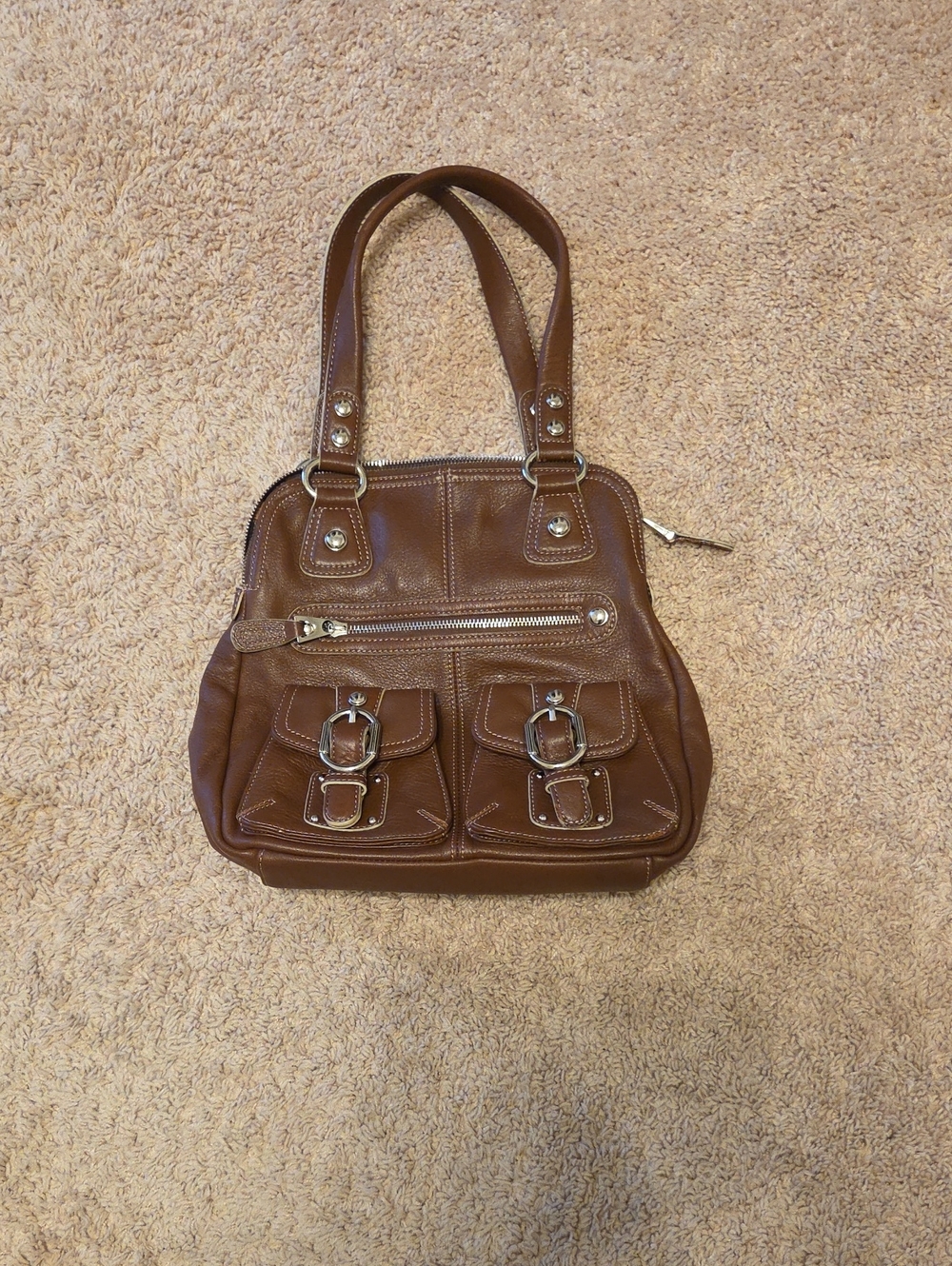 b. makowsky Brown Leather Shoulder Bag with Front Buckle Pockets